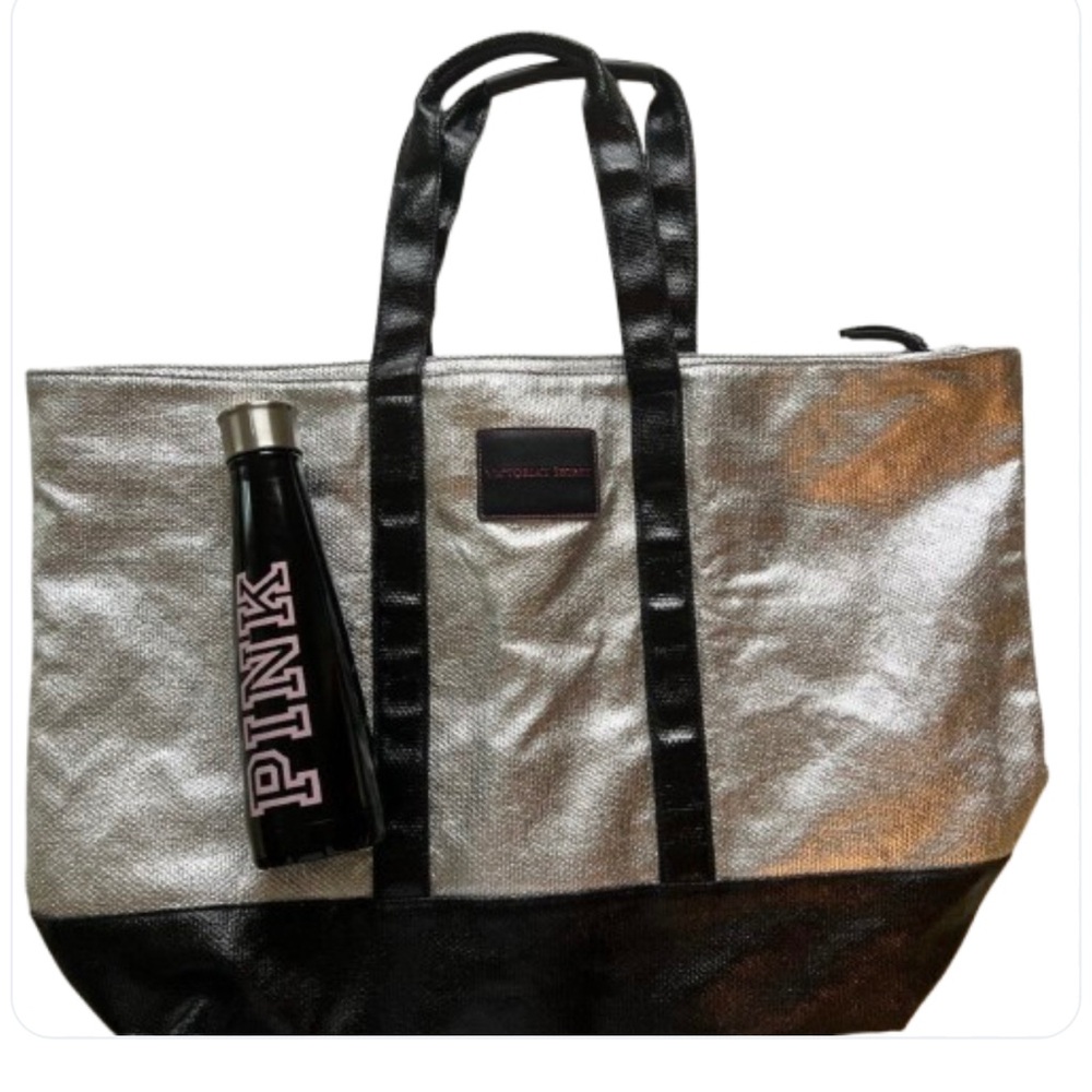 2PC. SET Victoria's Secret Silver Tote Metallic & PINK Swell Water Bottle NEW!